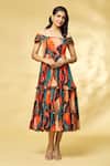 Buy_Khushbu Rathod Label_Orange Wrinkle Cotton Printed Abstract One Shoulder Dress _at_Aza_Fashions