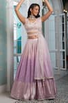 Jiya by Veer Design Studio_Pink Organza Woven Floral V Neck Ombre Lehenga Set _Online_at_Aza_Fashions