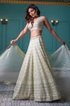 Jiya by Veer Design Studio_Gold Tissue Embroidery Mirror V Neck Chevron Lehenga Set _Online_at_Aza_Fashions