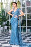 Shop_Jiya by Veer Design Studio_Blue Net Embroidered Hand Embellished Pre-draped Saree With Blouse _at_Aza_Fashions