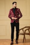 Hilo Design_Maroon Italian Ethnic Fabric Embroidered Thread Maravilla Blazer And Trouser Set_Online_at_Aza_Fashions