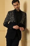 Shop_Hilo Design_Black Italian Ethnic Fabric Solid Brillante Embroidered Blazer And Trouser Set _Online_at_Aza_Fashions