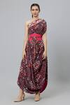 Buy_SVA by Sonam & Paras Modi_Grey Crepe Printed Jungle Asymmetric One Shoulder Cowl Dress With Belt  _at_Aza_Fashions