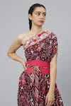 SVA by Sonam & Paras Modi_Grey Crepe Printed Jungle Asymmetric One Shoulder Cowl Dress With Belt  _at_Aza_Fashions