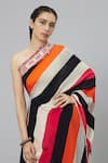 SVA by Sonam & Paras Modi_Multi Color Crepe Printed Stripe Sahar One Shoulder Draped Kurta And Pant Set_at_Aza_Fashions