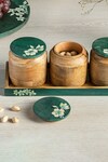 Houmn_Green Mango Wood Floral 3 Pcs Iris Jars With Brunnera Tray_Online_at_Aza_Fashions