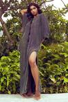 Buy_Nitya Bajaj_Black Satin, Muslin Keyhole Neck Holographic Crystal Embroidered Kaftan _at_Aza_Fashions