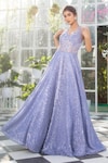 Shop_Jiya by Veer Design Studio_Purple Net Embroidered Hand Halter Embellished Neck Gown _at_Aza_Fashions