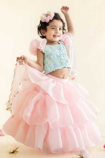 JANYAS CLSOET Green Floral Organza Ruffle Lehenga for Girls