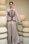 Buy_Ekru_Grey Organza Embroidery Paisley Round Neck Jacket And Pant Set _at_Aza_Fashions