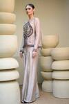 Buy_Ekru_Grey Organza Embroidery Paisley Round Neck Jacket And Pant Set _Online_at_Aza_Fashions