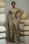 Buy_Ekru_Beige Linen Satin Print Mother And Child Figurine V Neck & Love Jumpsuit _at_Aza_Fashions