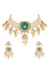 Shop_Chhavi's Jewels_Blue Kundan Bead Drop Carved Necklace Set _at_Aza_Fashions