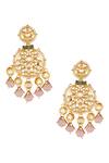 Shop_ChhavI'S Jewels_Gold Plated Gota Patti, Beads Kundan Carved Chandbali Earrings _at_Aza_Fashions