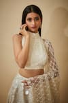 Shop_Premya By Manishii_White Tulle Hand Embroidered Sequins Halter Blouse Lehenga Set _Online_at_Aza_Fashions