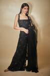 Premya By Manishii_Black Tulle Beads Square Neck Hand Embroidered Corset Top Trouser Set _Online_at_Aza_Fashions