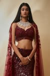 Shop Premya By Manishii Maroon Georgette, Tulle, Cotton Sequins, Embroidery Hand Mermaid Lehenga Set Online at Aza Fashions Shop_Premya By Manishii_Maroon Georgette, Tulle, Cotton Sequins, Embroidery Hand Mermaid Lehenga Set _Online_at_Aza_Fashions