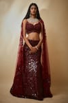 Premya By Manishii Maroon Georgette, Tulle, Cotton Sequins, Embroidery Hand Mermaid Lehenga Set at Aza Fashions Premya By Manishii_Maroon Georgette, Tulle, Cotton Sequins, Embroidery Hand Mermaid Lehenga Set _at_Aza_Fashions