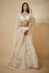 Buy_Premya By Manishii_White Tulle Hand Embroidered Beads V Neck Blouse Bridal Lehenga Set _at_Aza_Fashions