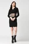 Buy_Emblaze_Black Lachaka And Net Plain Short Notched Collar Bodycon Sheer Waist Dress _at_Aza_Fashions