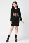 Buy_Emblaze_Black Lachaka And Net Plain Short Notched Collar Bodycon Sheer Waist Dress _Online_at_Aza_Fashions