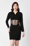 Shop_Emblaze_Black Lachaka And Net Plain Short Notched Collar Bodycon Sheer Waist Dress _Online_at_Aza_Fashions