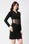 Emblaze_Black Lachaka And Net Plain Short Notched Collar Bodycon Sheer Waist Dress _at_Aza_Fashions