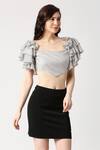 Emblaze_Silver Shimmer Plain Square Neck Ruffle Sleeve V-hem Crop Top_at_Aza_Fashions