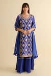 Kameez_Blue Chanderi, Muslin Embroidery, Gota Patti, Tassels Round Kurta Sharara Set _Online_at_Aza_Fashions