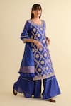 Kameez_Blue Chanderi, Muslin Embroidery, Gota Patti, Tassels Round Kurta Sharara Set _at_Aza_Fashions