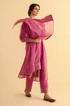 Kameez_Pink Chanderi, Cotton, Kota Doria Patti, Embroidery Split Stripe Kurta Set _at_Aza_Fashions