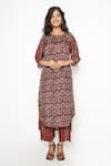 Kameez_Brown Summer Silk Printed Floral Boat Neck Kurta And Pant Set _at_Aza_Fashions