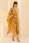 Kameez_Yellow Cotton, Organza Mandarin Collar Chevron Hand Block Print Kurta Set _Online_at_Aza_Fashions