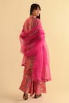 Shop_Kameez_Pink Silk, Organza Embroidery Round Neck Flower Print And Kurta Set _at_Aza_Fashions