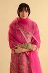 Kameez_Pink Silk, Organza Embroidery Round Neck Flower Print And Kurta Set _Online_at_Aza_Fashions