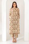 Buy_Kameez_Beige Silk Embroidery Mandarin Collar Floral Print High Low Kurta And Pant Set_at_Aza_Fashions