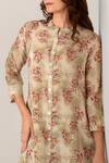 Shop_Kameez_Beige Silk Embroidery Mandarin Collar Floral Print High Low Kurta And Pant Set_Online_at_Aza_Fashions