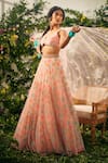 Shop_TUHINA SRIVASTAVA_Pink Tulle Embroidery Resham Leaf Neck Bead Embellished Lehenga Set _at_Aza_Fashions