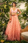 TUHINA SRIVASTAVA_Pink Tulle Embroidery Resham V Neck Tulip Lehenga Set For Women_Online_at_Aza_Fashions
