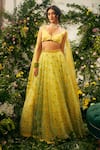Shop_TUHINA SRIVASTAVA_Yellow Tulle Embroidered Resham V Neck Floral And Geometric Lehenga Set _Online_at_Aza_Fashions