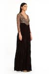 Rocky Star_Brown Velvet Embroidered Bead V Neck Yoke Jumpsuit  _Online_at_Aza_Fashions