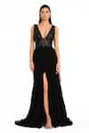 Buy_Rocky Star_Black Net Embroidered Cut Dana Plunge V Frill High Slit Trail Gown  _at_Aza_Fashions