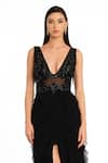 Rocky Star_Black Net Embroidered Cut Dana Plunge V Frill High Slit Trail Gown  _Online_at_Aza_Fashions