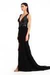 Buy_Rocky Star_Black Net Embroidered Cut Dana Plunge V Frill High Slit Trail Gown  _Online_at_Aza_Fashions