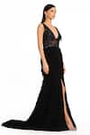 Shop_Rocky Star_Black Net Embroidered Cut Dana Plunge V Frill High Slit Trail Gown  _Online_at_Aza_Fashions