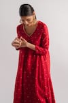 Buy_Tussah By Siddhi Shah_Red Chanderi Hand Embroidered Sequins V Neck A-line Kurta And Pant Set  _Online_at_Aza_Fashions