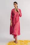 Buy_Tussah By Siddhi Shah_Pink Kurta  Tissue Hand Embroidered Beads Round A-line And Salwar Set  _at_Aza_Fashions