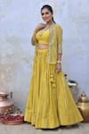 Shop_Tussah By Siddhi Shah_Yellow Spun Silk Hand Embroidered Sequins Round Jacket Lehenga Set  _at_Aza_Fashions