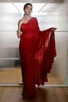 Nayantaara_Red Georgette, Silk Sequins, Beads Self Love Pre-draped Saree With Blouse _at_Aza_Fashions