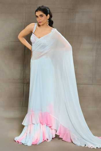 Buy_Nayantaara_Blue Georgette, Silk Beads Blossom Leheriya Saree With Embroidered Blouse _at_Aza_Fashions